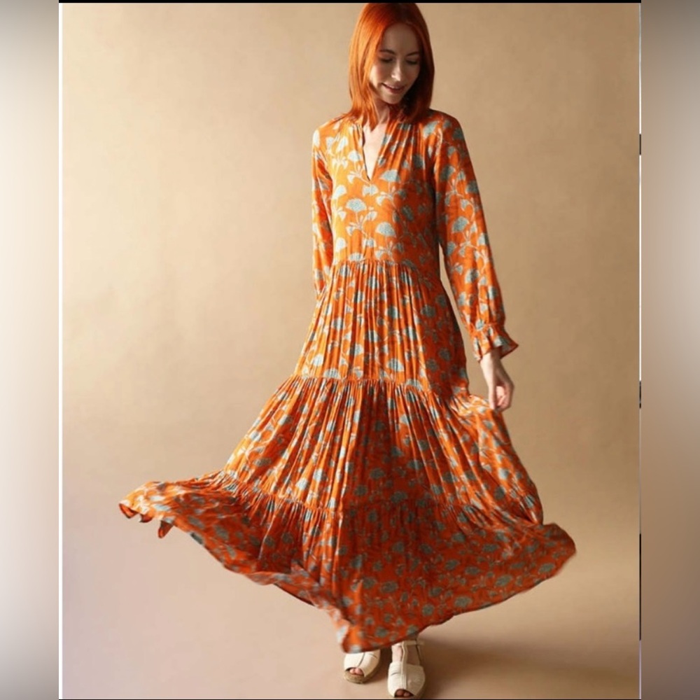 Roma Sienna Burnt Floral Long Sleeve Viscose Maxi Dress XS